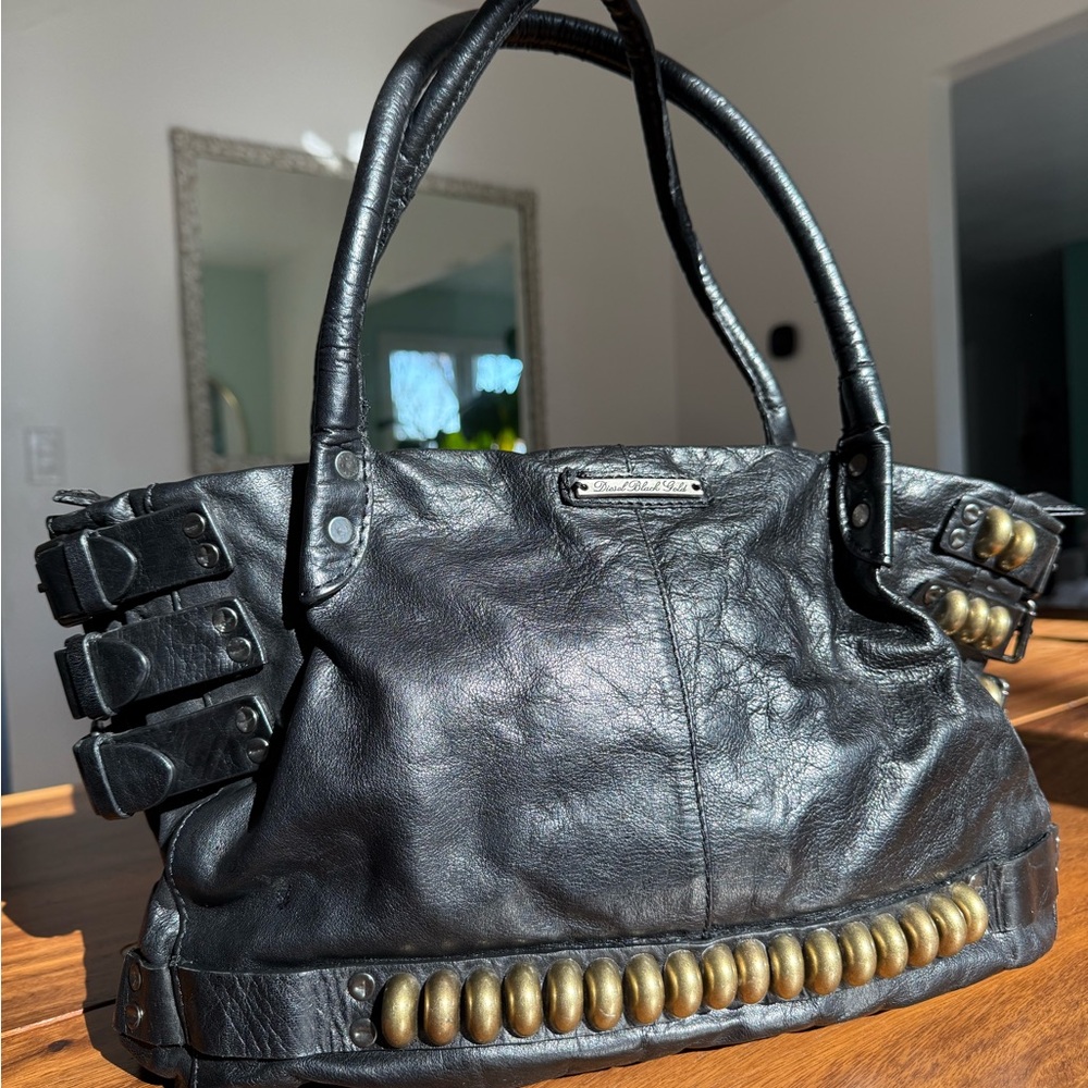 Diesel Black Gold Leather Shoulder Bag with Brass Accents